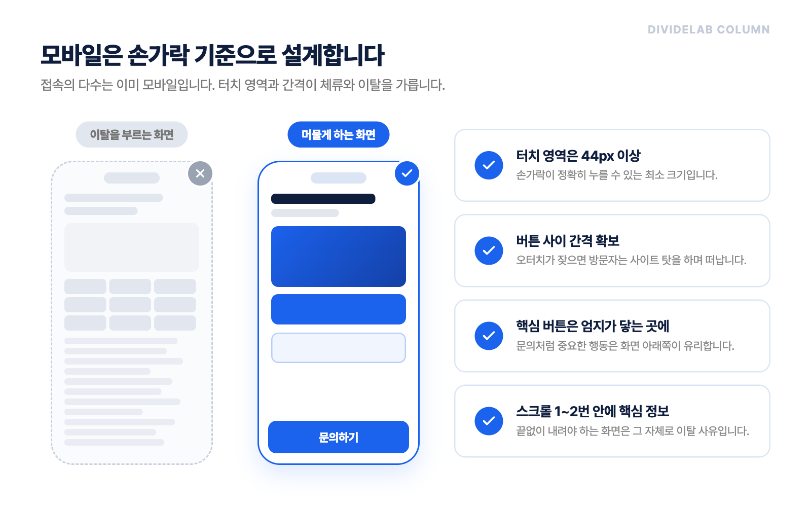 모바일 웹디자인 터치 영역과 사용성 비교: 이탈을 부르는 화면과 머물게 하는 화면, 44px 터치 영역 기준